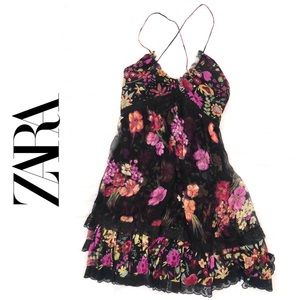 Zara • 100% Silk Floral Tiered Mesh and Lace Dress